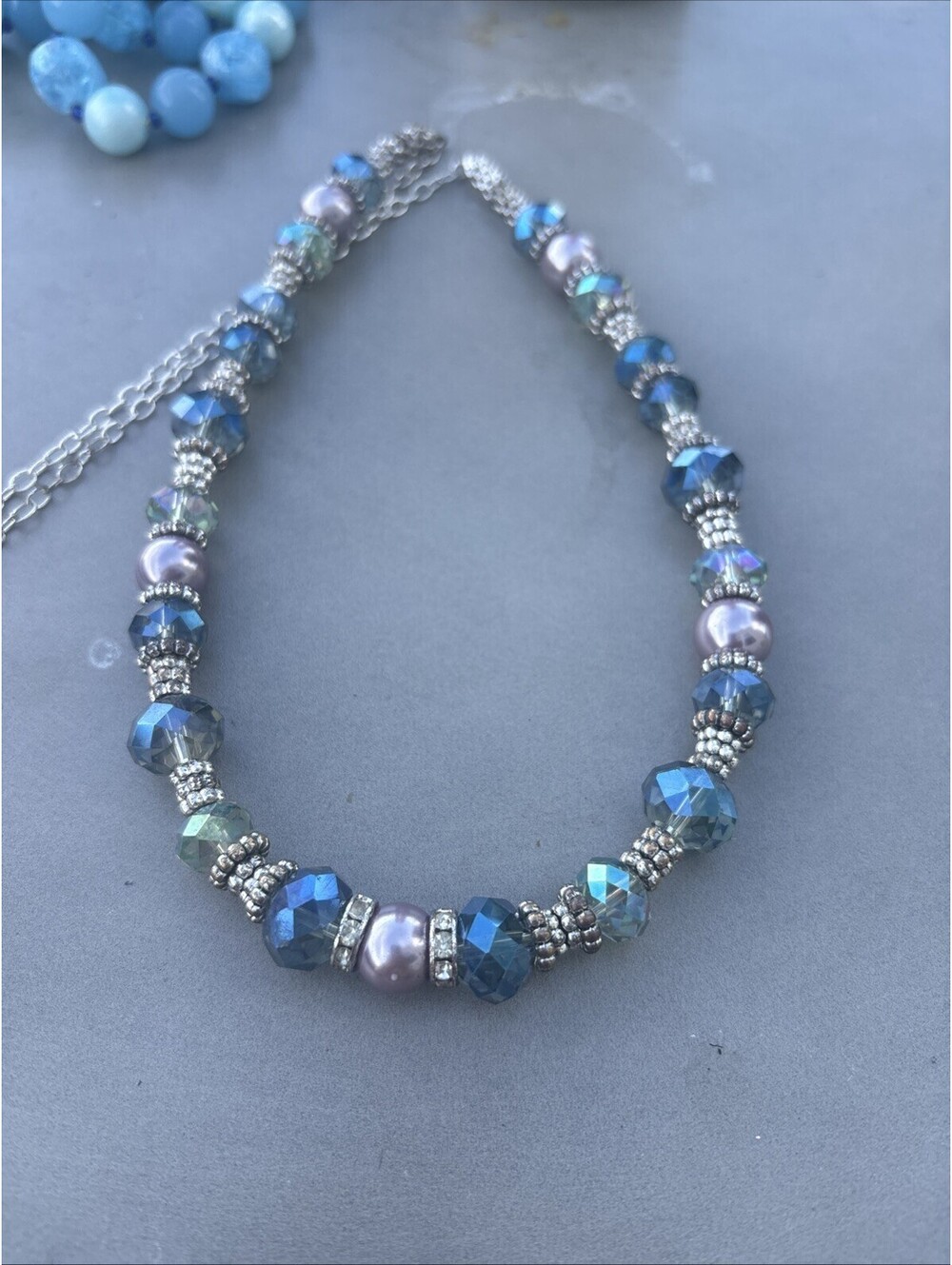 Blue Aurora Borealis Crystals Pearl Necklace Silver Tone Lobster Claw Stunning